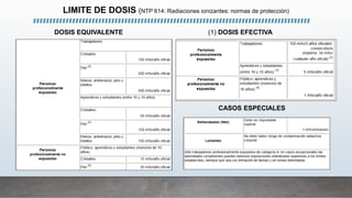 LIMITE DE DOSIS (NTP 614: Radiaciones ionizantes: normas de protección)
DOSIS EQUIVALENTE (1) DOSIS EFECTIVA
CASOS ESPECIALES
 