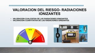 VALORACION DEL RIESGO- RADIACIONES
IONIZANTES
• VALORACION CUALITATIVA DE LAS RADIACIONES IONIZANTES
• VALORACION CUANTITATIVA DE LAS RADIACIONES IONIZANTES
 