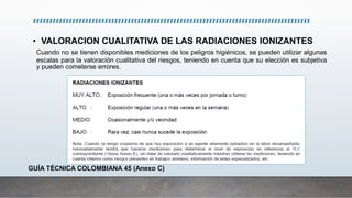 • VALORACION CUALITATIVA DE LAS RADIACIONES IONIZANTES
Cuando no se tienen disponibles mediciones de los peligros higiénicos, se pueden utilizar algunas
escalas para la valoración cualitativa del riesgos, teniendo en cuenta que su elección es subjetiva
y pueden cometerse errores.
GUÍA TÉCNICA COLOMBIANA 45 (Anexo C)
 