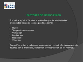 FACTORES DE RIESGO FÍSICO:
Son todos aquellos factores ambientales que dependen de las
propiedades físicas de los cuerpos tales como:
• Ruido
• Temperaturas extremas
• Ventilación
• Iluminación
• Radiación
• Vibración
Que actúan sobre el trabajador y que pueden producir efectos nocivos, de
acuerdo con la intensidad, exposición y concentración de los mismos.
 