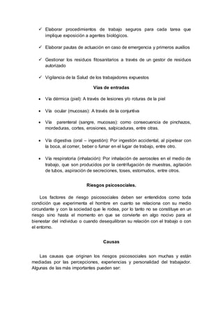  Elaborar procedimientos de trabajo seguros para cada tarea que
implique exposición a agentes biológicos.
 Elaborar pautas de actuación en caso de emergencia y primeros auxilios
 Gestionar los residuos fitosanitarios a través de un gestor de residuos
autorizado
 Vigilancia de la Salud de los trabajadores expuestos
Vías de entradas
 Vía dérmica (piel): A través de lesiones y/o roturas de la piel
 Vía ocular (mucosas): A través de la conjuntiva
 Vía parenteral (sangre, mucosas): como consecuencia de pinchazos,
mordeduras, cortes, erosiones, salpicaduras, entre otras.
 Vía digestiva (oral – ingestión): Por ingestión accidental, al pipetear con
la boca, al comer, beber o fumar en el lugar de trabajo, entre otro.
 Vía respiratoria (inhalación): Por inhalación de aerosoles en el medio de
trabajo, que son producidos por la centrifugación de muestras, agitación
de tubos, aspiración de secreciones, toses, estornudos, entre otros.
Riesgos psicosociales.
Los factores de riesgo psicosociales deben ser entendidos como toda
condición que experimenta el hombre en cuanto se relaciona con su medio
circundante y con la sociedad que le rodea, por lo tanto no se constituye en un
riesgo sino hasta el momento en que se convierte en algo nocivo para el
bienestar del individuo o cuando desequilibran su relación con el trabajo o con
el entorno.
Causas
Las causas que originan los riesgos psicosociales son muchas y están
mediadas por las percepciones, experiencias y personalidad del trabajador.
Algunas de las más importantes pueden ser:
 
