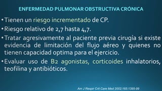 ENFERMEDAD PULMONAR OBSTRUCTIVA CRÓNICA
riesgo incrementado
B2 agonistas, corticoides
Am J Respir Crit Care Med 2002;165:1395-99
 