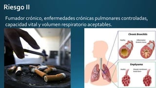 Fumador crónico, enfermedades crónicas pulmonares controladas,
capacidad vital y volumen respiratorio aceptables.
 