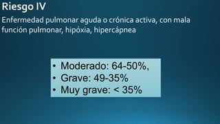 Enfermedad pulmonar aguda o crónica activa, con mala
función pulmonar, hipóxia, hipercápnea
• Moderado: 64-50%,
• Grave: 49-35%
• Muy grave: < 35%
 