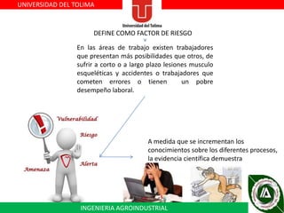 UNIVERSIDAD DEL TOLIMA

DEFINE COMO FACTOR DE RIESGO
En las áreas de trabajo existen trabajadores
que presentan más posibilidades que otros, de
sufrir a corto o a largo plazo lesiones musculo
esqueléticas y accidentes o trabajadores que
cometen errores o tienen
un pobre
desempeño laboral.

A medida que se incrementan los
conocimientos sobre los diferentes procesos,
la evidencia científica demuestra

INGENIERIA AGROINDUSTRIAL

 