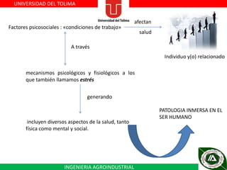 UNIVERSIDAD DEL TOLIMA

Factores psicosociales : «condiciones de trabajo»

afectan
salud

A través
Individuo y(o) relacionado
mecanismos psicológicos y fisiológicos a los
que también llamamos estrés

generando

incluyen diversos aspectos de la salud, tanto
física como mental y social.

INGENIERIA AGROINDUSTRIAL

PATOLOGIA INMERSA EN EL
SER HUMANO

 