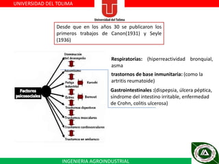 UNIVERSIDAD DEL TOLIMA

Desde que en los años 30 se publicaron los
primeros trabajos de Canon(1931) y Seyle
(1936)
Respiratorias: (hiperreactividad bronquial,
asma
trastornos de base inmunitaria: (como la
artritis reumatoide)
Gastrointestinales :(dispepsia, úlcera péptica,
síndrome del intestino irritable, enfermedad
de Crohn, colitis ulcerosa)

INGENIERIA AGROINDUSTRIAL

 