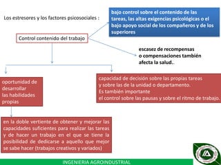Los estresores y los factores psicosociales :

bajo control sobre el contenido de las
tareas, las altas exigencias psicológicas o el
bajo apoyo social de los compañeros y de los
superiores

Control contenido del trabajo
escasez de recompensas
o compensaciones también
afecta la salud..

oportunidad de
desarrollar
las habilidades
propias

capacidad de decisión sobre las propias tareas
y sobre las de la unidad o departamento.
Es también importante
el control sobre las pausas y sobre el ritmo de trabajo.

en la doble vertiente de obtener y mejorar las
capacidades suficientes para realizar las tareas
y de hacer un trabajo en el que se tiene la
posibilidad de dedicarse a aquello que mejor
se sabe hacer (trabajos creativos y variados)
INGENIERIA AGROINDUSTRIAL

 