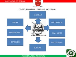 UNIVERSIDAD DEL TOLIMA

CONSECUENCIAS DEL ESTRÉS EN EL INDIVIDUO :
ANSIEDAD

APATIA

FRUSTRACION

ABURRIMIENTO

MAL HUMOR

DEPRESION

NERVIOSISMO
SOLEDAD

INGENIERIA AGROINDUSTRIAL

 