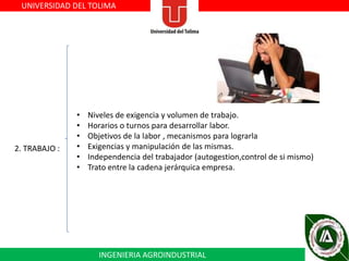 UNIVERSIDAD DEL TOLIMA

2. TRABAJO :

•
•
•
•
•
•

Niveles de exigencia y volumen de trabajo.
Horarios o turnos para desarrollar labor.
Objetivos de la labor , mecanismos para lograrla
Exigencias y manipulación de las mismas.
Independencia del trabajador (autogestion,control de si mismo)
Trato entre la cadena jerárquica empresa.

INGENIERIA AGROINDUSTRIAL

 