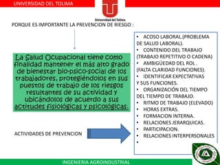 UNIVERSIDAD DEL TOLIMA

PORQUE ES IMPORTANTE LA PREVENCION DE RIESGO :

ACTIVIDADES DE PREVENCION

INGENIERIA AGROINDUSTRIAL

• ACOSO LABORAL.(PROBLEMA
DE SALUD LABORAL).
• CONTENIDO DEL TRABAJO
(TRABAJO REPETITIVO O CADENA)
• AMBIGÜEDAD DEL ROL .
(FALTA CLARIDAD FUNCIONES).
• IDENTIFICAR EXPECTATIVAS
Y SUS FUNCIONES.
• ORGANIZACIÓN DEL TIEMPO
DEL TIEMPO DE TRABAJO.
• RITMO DE TRABAJO (ELEVADO)
• HORAS EXTRAS.
• FORMACION INTERNA.
• RELACIONES JERARQUICAS.
• PARTICIPACION.
• RELACIONES INTERPERSONALES
•

 