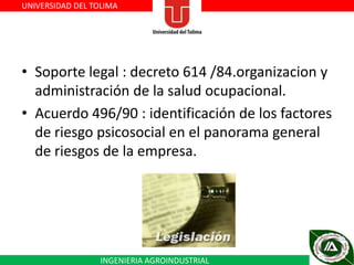 UNIVERSIDAD DEL TOLIMA

• Soporte legal : decreto 614 /84.organizacion y
administración de la salud ocupacional.
• Acuerdo 496/90 : identificación de los factores
de riesgo psicosocial en el panorama general
de riesgos de la empresa.

INGENIERIA AGROINDUSTRIAL

 