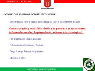 UNIVERSIDAD DEL TOLIMA

FACTORES QUE SE DAN LOS FACTORES PSICO-SOCIALES :

INGENIERIA AGROINDUSTRIAL

 