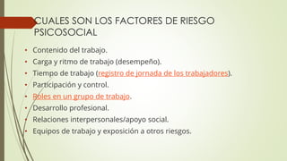 CUALES SON LOS FACTORES DE RIESGO
PSICOSOCIAL
• Contenido del trabajo.
• Carga y ritmo de trabajo (desempeño).
• Tiempo de trabajo (registro de jornada de los trabajadores).
• Participación y control.
• Roles en un grupo de trabajo.
• Desarrollo profesional.
• Relaciones interpersonales/apoyo social.
• Equipos de trabajo y exposición a otros riesgos.
 