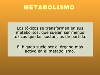 METABOLISMO


  Los tóxicos se transforman en sus
 metabolitos, que suelen ser menos
tóxicos que las sustancias de partida.

 El hígado suele ser el órgano más
     activo en el metabolismo.
 