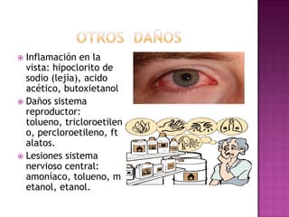  Inflamación en la
  vista: hipoclorito de
  sodio (lejía), acido
  acético, butoxietanol
 Daños sistema
  reproductor:
  tolueno, tricloroetilen
  o, percloroetileno, ft
  alatos.
 Lesiones sistema
  nervioso central:
  amoníaco, tolueno, m
  etanol, etanol.
 