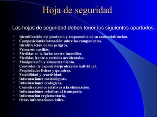 • Identificación del producto y responsable de su comercialización.
• Composición/información sobre los componentes.
• Identificación de los peligros.
• Primeros auxilios.
• Medidas en la lucha contra incendios.
• Medidas frente a vertidos accidentales.
• Manipulación y almacenamiento.
• Controles de exposición/protección individual.
• Propiedades físicas y químicas.
• Estabilidad y reactividad.
• Informaciones toxicológicas.
• Informaciones ecológicas.
• Consideraciones relativas a la eliminación.
• Informaciones relativas al transporte.
• Información reglamentaria.
• Otras informaciones útiles.
. Las hojas de seguridad deben tener los siguientes apartados:
Hoja de seguridad
 