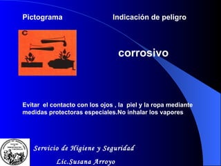 Pictograma Indicaci ó n de peligro corrosivo Evitar  el contacto con los ojos , la  piel y la ropa mediante medidas protectoras especiales.No inhalar los vapores Servicio de Higiene y Seguridad Lic.Susana Arroyo 