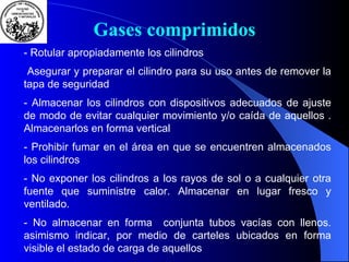 Gases comprimidos - Rotular apropiadamente los cilindros Asegurar y preparar el cilindro para su uso antes de remover la tapa de seguridad - Almacenar los cilindros con dispositivos adecuados de ajuste de modo de evitar cualquier movimiento y/o caída de aquellos . Almacenarlos en forma vertical - Prohibir fumar en el área en que se encuentren almacenados los cilindros  - No exponer los cilindros a los rayos de sol o a cualquier otra fuente que suministre calor. Almacenar en lugar fresco y ventilado. - No almacenar en forma  conjunta tubos vacías con llenos. asimismo indicar, por medio de carteles ubicados en forma visible el estado de carga de aquellos 