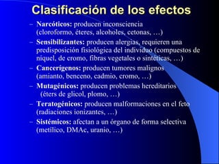 Clasificación de los efectos Narcóticos:  producen inconsciencia  (cloroformo, éteres, alcoholes, cetonas, …) Sensibilizantes:  producen alergias, requieren una predisposición fisiológica del individuo (compuestos de níquel, de cromo, fibras vegetales o sintéticas, …) Cancerígenos:  producen tumores malignos  (amianto, benceno, cadmio, cromo, …) Mutagénicos:  producen problemas hereditarios  (éters de glicol, plomo, …) Teratogénicos:  producen malformaciones en el feto (radiaciones ionizantes, …) Sistémicos:  afectan a un órgano de forma selectiva  (metílico, DMAc, uranio, …) 