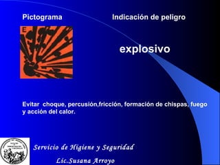 Pictograma Indicaci ó n de peligro explosivo Evitar  choque, percusi ó n,fricci ó n, formaci ó n de chispas, fuego y acci ó n del calor. Servicio de Higiene y Seguridad Lic.Susana Arroyo 