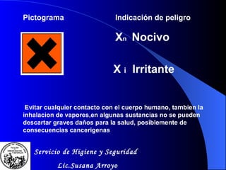 Pictograma Indicaci ó n de peligro X n  Nocivo X  i   Irritante Evitar cualquier contacto con el cuerpo humano, tambien la inhalacion de vapores,en algunas sustancias no se pueden descartar graves da ň os para la salud, posiblemente de consecuencias cancerigenas Servicio de Higiene y Seguridad Lic.Susana Arroyo 