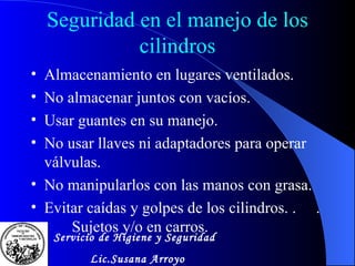 Seguridad en el manejo de los cilindros Almacenamiento en lugares ventilados. No almacenar juntos con vacíos. Usar guantes en su manejo. No usar llaves ni adaptadores para operar válvulas. No manipularlos con las manos con grasa. Evitar caídas y golpes de los cilindros. .  .  .  Sujetos y/o en carros. Servicio de Higiene y Seguridad Lic.Susana Arroyo 