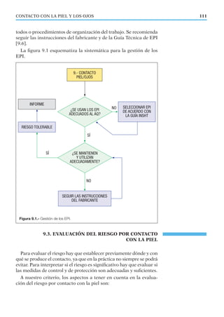 todos o procedimientos de organización del trabajo. Se recomienda
seguir las instrucciones del fabricante y de la Guía Técnica de EPI
[9.6].
La ﬁgura 9.1 esquematiza la sistemática para la gestión de los
EPI.
9.3. EVALUACIÓN DEL RIESGO POR CONTACTO
CON LA PIEL
Para evaluar el riesgo hay que establecer previamente dónde y con
qué se produce el contacto, ya que en la práctica no siempre se podrá
evitar. Para interpretar si el riesgo es signiﬁcativo hay que evaluar si
las medidas de control y de protección son adecuadas y suﬁcientes.
A nuestro criterio, los aspectos a tener en cuenta en la evalua-
ción del riesgo por contacto con la piel son:
111CONTACTO CON LA PIEL Y LOS OJOS
Figura 9.1.- Gestión de los EPI.
 