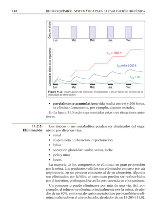 • parcialmente acumulativos: vida media entre 6 y 200 horas,
se eliminan lentamente, por ejemplo, algunos metales.
En la ﬁgura 11.3 están representadas estas tres situaciones ante-
riores.
Los tóxicos o sus metabolitos pueden ser eliminados del orga-
nismo por diversas vías:
• renal
• respiratoria : exhalación, expectoración
• biliar
• secreción glandular: sudor, saliva, leche
• pelo y uñas
• heces.
La mayoría de los compuestos se eliminan en gran proporción
por la orina. Los productos volátiles son eliminados en parte por vía
respiratoria, en un proceso contrario al de su absorción. Algunos
son eliminados por la bilis, en cuyo caso pueden ser reabsorbidos
por el intestino, prolongándose así la permanencia en el organismo.
Un compuesto puede eliminarse por más de una vía. Así, por
ejemplo, el tolueno se elimina principalmente por la orina, alrede-
dor de un 80%, en forma de varios metabolitos pero también se eli-
mina inalterado en el aire exhalado, alrededor de un 15-20% [11.8].
RIESGO QUÍMICO: SISTEMÁTICA PARA LA EVALUACIÓN HIGIÉNICA128
Figura 11.3.- Acumulación de tóxico en el organismo o en un tejido, en función de la
velocidad de eliminación.
11.2.5.
Eliminación
 