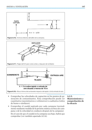 • Comprobar las velocidades de captación en los puntos de ge-
neración de contaminantes. Esta comprobación puede ser
cuantitativa (anemómetros o velómetros) o cualitativa (tubos
de humo o similares).
• Comprobar el caudal aspirado por cada campana (normal-
mente mediante medida de la presión estática en boca de cam-
pana o de la velocidad en conducto después de la campana).
En el caso de que el caudal en la campana sea bajo, habrá que
comprobar (ver también apartado A.2.6):
ANEXO A. VENTILACIÓN
Figura A.17.- Regla del 6/3 para codos antes y después del ventilador.
Figura A.18.- Altura mínima del sombrerete respecto del tejado o de la entrada de aire.
A.2.5.
Mantenimiento y
comprobación de
la eﬁcacia
Figura A.16.- Anchura efectiva del bafle de la campana.
147
 