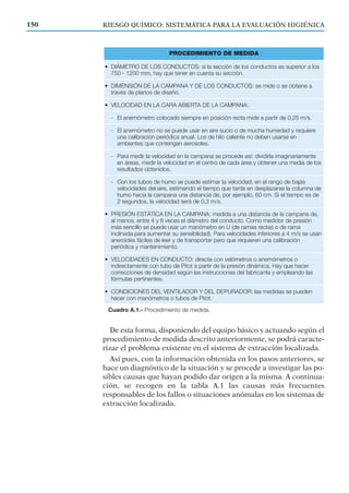 De esta forma, disponiendo del equipo básico y actuando según el
procedimiento de medida descrito anteriormente, se podrá caracte-
rizar el problema existente en el sistema de extracción localizada.
Así pues, con la información obtenida en los pasos anteriores, se
hace un diagnóstico de la situación y se procede a investigar las po-
sibles causas que hayan podido dar origen a la misma. A continua-
ción, se recogen en la tabla A.1 las causas más frecuentes
responsables de los fallos o situaciones anómalas en los sistemas de
extracción localizada.
RIESGO QUÍMICO: SISTEMÁTICA PARA LA EVALUACIÓN HIGIÉNICA150
PROCEDIMIENTO DE MEDIDA
• DIÁMETRO DE LOS CONDUCTOS: si la sección de los conductos es superior a los
750 - 1200 mm, hay que tener en cuenta su sección.
• DIMENSIÓN DE LA CAMPANA Y DE LOS CONDUCTOS: se mide o se obtiene a
través de planos de diseño.
• VELOCIDAD EN LA CARA ABIERTA DE LA CAMPANA:
- El anemómetro colocado siempre en posición recta mide a partir de 0,25 m/s.
- El anemómetro no se puede usar en aire sucio o de mucha humedad y requiere
una calibración periódica anual. Los de hilo caliente no deben usarse en
ambientes que contengan aerosoles.
- Para medir la velocidad en la campana se procede así: dividirla imaginariamente
en áreas, medir la velocidad en el centro de cada área y obtener una media de los
resultados obtenidos.
- Con los tubos de humo se puede estimar la velocidad, en el rango de bajas
velocidades del aire, estimando el tiempo que tarda en desplazarse la columna de
humo hacia la campana una distancia de, por ejemplo, 60 cm. Si el tiempo es de
2 segundos, la velocidad será de 0,3 m/s.
• PRESIÓN ESTÁTICA EN LA CAMPANA: medida a una distancia de la campana de,
al menos, entre 4 y 6 veces el diámetro del conducto. Como medidor de presión
más sencillo se puede usar un manómetro en U (de ramas rectas o de rama
inclinada para aumentar su sensibilidad). Para velocidades inferiores a 4 m/s se usan
aneroides fáciles de leer y de transportar pero que requieren una calibración
periódica y mantenimiento.
• VELOCIDADES EN CONDUCTO: directa con velómetros o anemómetros o
indirectamente con tubo de Pitot a partir de la presión dinámica. Hay que hacer
correcciones de densidad según las instrucciones del fabricante y empleando las
fórmulas pertinentes.
• CONDICIONES DEL VENTILADOR Y DEL DEPURADOR: las medidas se pueden
hacer con manómetros o tubos de Pitot.
Cuadro A.1.- Procedimiento de medida.
 