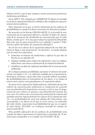 inferior al 0,1%, por lo que tampoco serían necesarias posteriores
mediciones periódicas.
En la NTP nº 554, editada por el INSHT [E.3], ﬁgura un ejemplo
en el que la exposición laboral es debida a dos compuestos que pre-
sentan efectos aditivos.
Otra situación en la que es útil la utilización de los gráﬁcos de
probabilidad es cuando los datos provienen de distintas jornadas.
De acuerdo con la Norma UNE-EN 689 [E.1], si al medir la con-
centración de la exposición laboral y calcular el índice de exposi-
ción de la sustancia (I), dividiendo la concentración por el valor
límite, resulta que I > 0,1, hay que evaluar la exposición laboral dos
días más, que no sean consecutivos (ver capítulo 7, punto 5 “Valo-
ración a partir del índice de exposición obtenido”).
Si con los tres valores de la exposición laboral de tres días dis-
tintos se llega a una situación de “no decisión”, se puede adoptar
una de estas tres soluciones:
• aumentar el número de mediciones y aplicar lo que dice la
Norma en su apéndice D,
• adoptar medidas para reducir la exposición y una vez implan-
tadas hacer una nueva evaluación de la exposición laboral,
• establecer un plan de vigilancia periódica de la concentración
ambiental.
Si se elige la primera posibilidad, aumentar el número de medi-
ciones (ver ﬁgura 7.1), y se obtienen medidas de la exposición la-
boral para, al menos, cuatro días más, se puede utilizar un gráﬁco
de probabilidad para el tratamiento de los datos, si se tienen al
menos siete valores correspondientes a la exposición diaria.
Se parte de la suposición (habitualmente admitida) de que los
valores de concentración ambiental se comportan de acuerdo
con una distribución logarítmico-normal, es decir, que los loga-
ritmos de esos valores se ajustan a una distribución normal. En
este caso, los valores de concentración ambiental de tolueno del
ejemplo anterior representarían los valores de la exposición dia-
ria, y la probabilidad de estar por debajo del valor límite, que
corresponde a la abcisa en la que la recta corta a la ordenada
del valor límite, representa la probabilidad de que no se supere
el valor límite, VLA-ED®
, en cualquier jornada de trabajo no
muestreada [E.4].
Otra posible aplicación de los gráﬁcos de probabilidad sería
cuando los datos representan la exposición en periodos de 15 mi-
nutos para comprobar si se cumple con el VLA-EC®
[E.4].
203ANEXO E. GRÁFICOS DE PROBABILIDAD
 