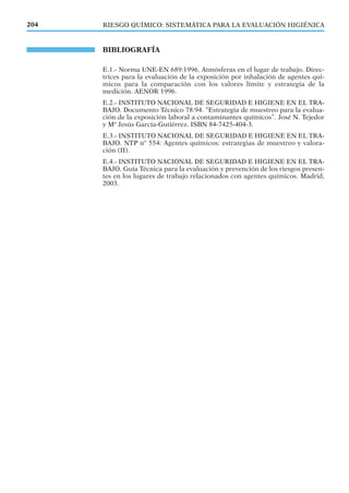 BIBLIOGRAFÍA
E.1.- Norma UNE-EN 689:1996. Atmósferas en el lugar de trabajo. Direc-
trices para la evaluación de la exposición por inhalación de agentes quí-
micos para la comparación con los valores límite y estrategia de la
medición. AENOR 1996.
E.2.- INSTITUTO NACIONAL DE SEGURIDAD E HIGIENE EN EL TRA-
BAJO. Documento Técnico 78:94. “Estrategia de muestreo para la evalua-
ción de la exposición laboral a contaminantes químicos”. José N. Tejedor
y Mª Jesús García-Gutiérrez. ISBN 84-7425-404-3.
E.3.- INSTITUTO NACIONAL DE SEGURIDAD E HIGIENE EN EL TRA-
BAJO. NTP nº 554: Agentes químicos: estrategias de muestreo y valora-
ción (II).
E.4.- INSTITUTO NACIONAL DE SEGURIDAD E HIGIENE EN EL TRA-
BAJO. Guía Técnica para la evaluación y prevención de los riesgos presen-
tes en los lugares de trabajo relacionados con agentes químicos. Madrid,
2003.
204 RIESGO QUÍMICO: SISTEMÁTICA PARA LA EVALUACIÓN HIGIÉNICA
 