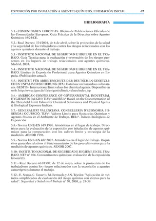 EXPOSICIÓN POR INHALACIÓN A AGENTES QUÍMICOS. ESTIMACIÓN INICIAL 67
BIBLIOGRAFÍA
5.1.- COMUNIDADES EUROPEAS. Oﬁcina de Publicaciones Oﬁciales de
las Comunidades Europeas. Guía Práctica de la Directiva sobre Agentes
Químicos 98/24/CE.
5.2.- Real Decreto 374/2001, de 6 de abril, sobre la protección de la salud
y la seguridad de los trabajadores contra los riesgos relacionados con los
agentes químicos durante el trabajo.
5.3.- INSTITUTO NACIONAL DE SEGURIDAD E HIGIENE EN EL TRA-
BAJO. Guía Técnica para la evaluación y prevención de los riesgos pre-
sentes en los lugares de trabajo relacionados con agentes químicos.
Madrid, 2003.
5.4.- INSTITUTO NACIONAL DE SEGURIDAD E HIGIENE EN EL TRA-
BAJO. Límites de Exposición Profesional para Agentes Químicos en Es-
paña. (Publicación anual).
5.5.- INSTITUT FÜR ARBEITSSCHUTZ DER DEUTSCHEN GESETZLI-
CHEN UNFALLVERSICHERUNG (IFA). Database on hazardous substan-
ces. GESTIS - International limit values for chemical agents. Disponible en
web: http://www.dguv.de/ifa/en/gestis/limit_values/index.jsp
5.6.- AMERICAN CONFERENCE OF GOVERNMENTAL INDUSTRIAL
HYGIENISTS (ACGIH) TLVs®
and BEIs®
Based on the Documentation of
the Threshold Limit Values for Chemical Substances and Physical Agents
& Biological Exposure Indices.
5.7.- GENERALITAT VALENCIANA. CONSELLERIA D’ECONOMIA, HI-
SENDA i OCUPACIÓ. TLVs®
. Valores Límite para Sustancias Químicas y
Agentes Físicos en el Ambiente de Trabajo. BEIs®
. Índices Biológicos de
Exposición.
5.8.- Norma UNE-EN 689:1996. Atmósferas en el lugar de trabajo. Direc-
trices para la evaluación de la exposición por inhalación de agentes quí-
micos para la comparación con los valores límite y estrategia de la
medición. AENOR 1996.
5.9.- Norma UNE-EN 482:2007. Atmósferas en el lugar de trabajo. Requi-
sitos generales relativos al funcionamiento de los procedimientos para la
medición de agentes químicos. AENOR 2007.
5.10.- INSTITUTO NACIONAL DE SEGURIDAD E HIGIENE EN EL TRA-
BAJO. NTP nº 406. Contaminantes químicos: evaluación de la exposición
laboral (I).
5.11.- Real Decreto 665/1997, de 12 de mayo, sobre la protección de los
trabajadores contra los riesgos relacionados con la exposición a agentes
cancerígenos durante el trabajo.
5.12.- E. Sousa, C. Tanarro, M. Bernaola y J.N. Tejedor. “Aplicación de mé-
todos simpliﬁcados de evaluación del riesgo químico con efectos para la
salud”. Seguridad y Salud en el Trabajo nº 50, 2008, p. 28-39.
 