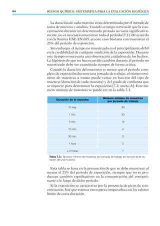 RIESGO QUÍMICO: SISTEMÁTICA PARA LA EVALUACIÓN HIGIÉNICA84
La duración de cada muestra viene determinada por el método de
toma de muestra y análisis. Cuando se tenga certeza de que la con-
centración durante un determinado periodo no varía signiﬁcativa-
mente, no es necesario muestrear todo el periodo [7.2]. De acuerdo
con la Norma UNE-EN 689, en este caso bastaría con muestrear el
25% del periodo de exposición.
Sin embargo, el tiempo no muestreado es el principal punto débil
en la credibilidad de cualquier medición de la exposición. Durante
este tiempo es necesaria una observación cuidadosa de los hechos.
La hipótesis de que no han ocurrido cambios durante el periodo no
muestreado debe ser examinada siempre de forma crítica.
Cuando la duración del muestreo es menor que el periodo com-
pleto de exposición durante una jornada de trabajo, el número mí-
nimo de muestras a tomar puede variar en función del tipo de
muestra (duración de cada muestra) y del grado de conﬁanza que
se requiere para determinar la exposición [7.2, anexo A]. Este nú-
mero mínimo de muestras se puede ver en la tabla 7.3.
Esta tabla se basa en la presunción de que se debe muestrear al
menos el 25% del período de exposición, siempre que no se pro-
duzcan cambios signiﬁcativos en la concentración del contami-
nante a lo largo de dicho periodo.
Si la exposición se caracteriza por la presencia de picos de con-
centración, hay que estimar éstos para compararlos con los valores
límite de corta duración.
Duración de la muestra
Número mínimo de muestras
por jornada de trabajo
10 seg. 30
1 min. 20
5 min. 12
15 min. 4
30 min. 3
1 hora 2
≥ 2 horas 1
Tabla 7.3.- Número mínimo de muestras por jornada de trabajo en función de la du-
ración de una muestra.
 