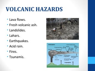 VOLCANIC HAZARDS
• Lava flows.
• Fresh volcanic ash.
• Landslides.
• Lahars.
• Earthquakes.
• Acid rain.
• Fires.
• Tsunamis.
 