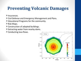 Preventing Volcanic Damages
Insurances.
Civil Defense and Emergency Management and Plans.
Educational Programs for the community.
Risk Maps.
Construction of adapted buildings.
Extracting water from nearby dams.
Conducting lava flows.
 