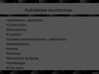 Actividades económicas:
•Aserraderos, carpintería.
•Construcción
•Demoliciones
•Fundición
•Industria petrolera (sísmica, perforación).
•Metalmecánica
•Minería
•Molinería
•Movimiento de tierras
•Odontología
•Entre otras
 
