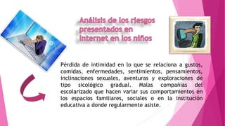 Pérdida de intimidad en lo que se relaciona a gustos,
comidas, enfermedades, sentimientos, pensamientos,
inclinaciones sexuales, aventuras y exploraciones de
tipo sicológico gradual. Malas compañías del
escolarizado que hacen variar sus comportamientos en
los espacios familiares, sociales o en la institución
educativa a donde regularmente asiste.
 