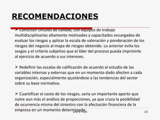 RECOMENDACIONES Constituir círculos de calidad, con equipos de trabajo multidisciplinarios altamente motivados y capacitados encargados de evaluar los riesgos y aplicar la escala de valoración y ponderación de los riesgos del negocio al mapa de riesgos obtenido. Lo anterior evita los sesgos y el criterio subjetivo que el líder del proceso pueda imprimirle al ejercicio de acuerdo a sus intereses. Redefinir las escalas de calificación de acuerdo al estudio de las variables internas y externas que en un momento dado afecten a cada organización, especialmente ajustándose a las tendencias del sector sobre su base normativa. Cuantificar el costo de los riesgos, sería un importante aporte que nutre aun más el análisis de proporciones, ya que cruza la posibilidad de ocurrencia misma del siniestro con la afectación financiera de la empresa en un momento determinado. 