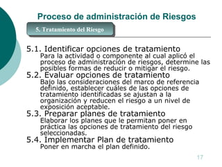 Proceso de administración de Riesgos <ul><li>5.1. Identificar opciones de tratamiento </li></ul><ul><ul><li>Para la activi...