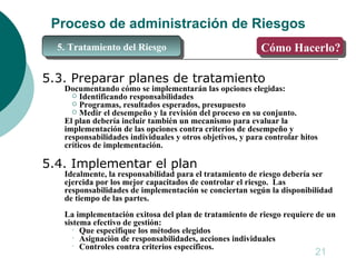 Proceso de administración de Riesgos <ul><li>5.3. Preparar planes de tratamiento </li></ul><ul><ul><li>Documentando cómo s...