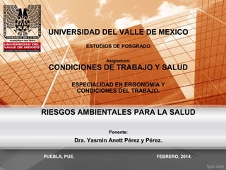 UNIVERSIDAD DEL VALLE DE MEXICO
ESTUDIOS DE POSGRADO
Asignatura:
CONDICIONES DE TRABAJO Y SALUD
ESPECIALIDAD EN ERGONOMÍA Y
CONDICIONES DEL TRABAJO.
RIESGOS AMBIENTALES PARA LA SALUD
Ponente:
Dra. Yasmin Anett Pérez y Pérez.
PUEBLA, PUE. FEBRERO, 2014..
 