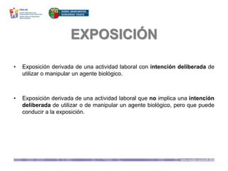 EXPOSICIÓN
• Exposición derivada de una actividad laboral con intención deliberada de
utilizar o manipular un agente biológico.
• Exposición derivada de una actividad laboral que no implica una intención
deliberada de utilizar o de manipular un agente biológico, pero que puede
conducir a la exposición.
 