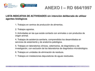 ANEXO I – RD 664/1997
LISTA INDICATIVA DE ACTIVIDADES sin intención deliberada de utilizar
agentes biológicos
1. Trabajos en centros de producción de alimentos.
2. Trabajos agrarios.
3. Actividades en las que existe contacto con animales o con productos de
origen animal.
4. Trabajos de asistencia sanitaria, comprendidos los desarrollados en
servicios de aislamiento y de anatomía patológica.
5. Trabajos en laboratorios clínicos, veterinarios, de diagnóstico y de
investigación, con exclusión de los laboratorios de diagnóstico microbiológico.
6. Trabajos en unidades de eliminación de residuos.
7. Trabajos en instalaciones depuradoras de aguas residuales.
 