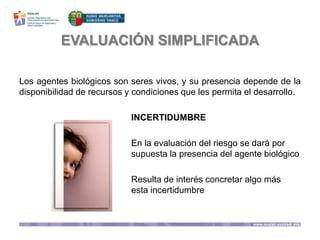 EVALUACIÓN SIMPLIFICADA
Los agentes biológicos son seres vivos, y su presencia depende de la
disponibilidad de recursos y condiciones que les permita el desarrollo.
INCERTIDUMBRE
En la evaluación del riesgo se dará por
supuesta la presencia del agente biológico
Resulta de interés concretar algo más
esta incertidumbre
 