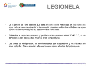 LEGIONELA
• La legionela es una bacteria que está presente en la naturaleza en los cursos de
agua natural, pero desde este entorno suele colonizar ambientes artificiales de agua
donde las condiciones para su desarrollo son favorables
• Sobrevive a bajas temperaturas y prolifera a temperaturas entre 20-45 ° C, si las
condiciones son adecuadas. Muere a altas temperaturas.
• Las torres de refrigeración, los condensadores por evaporación, y los sistemas de
agua caliente y fria se asocian a la aparición de casos y brotes de legionelosis.
 