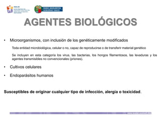 AGENTES BIOLÓGICOS
• Microorganismos, con inclusión de los genéticamente modificados
Toda entidad microbiológica, celular o no, capaz de reproducirse o de transferir material genético
Se incluyen en esta categoría los virus, las bacterias, los hongos filamentosos, las levaduras y los
agentes transmisibles no convencionales (priones).
• Cultivos celulares
• Endoparásitos humanos
Susceptibles de originar cualquier tipo de infección, alergia o toxicidad.
 