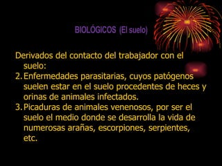 Derivados del contacto del trabajador con el suelo: Enfermedades parasitarias, cuyos patógenos suelen estar en el suelo procedentes de heces y orinas de animales infectados. Picaduras de animales venenosos, por ser el suelo el medio donde se desarrolla la vida de numerosas arañas, escorpiones, serpientes, etc.  