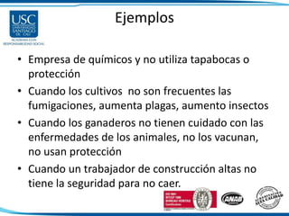 Ejemplos
• Empresa de químicos y no utiliza tapabocas o
protección
• Cuando los cultivos no son frecuentes las
fumigaciones, aumenta plagas, aumento insectos
• Cuando los ganaderos no tienen cuidado con las
enfermedades de los animales, no los vacunan,
no usan protección
• Cuando un trabajador de construcción altas no
tiene la seguridad para no caer.
 